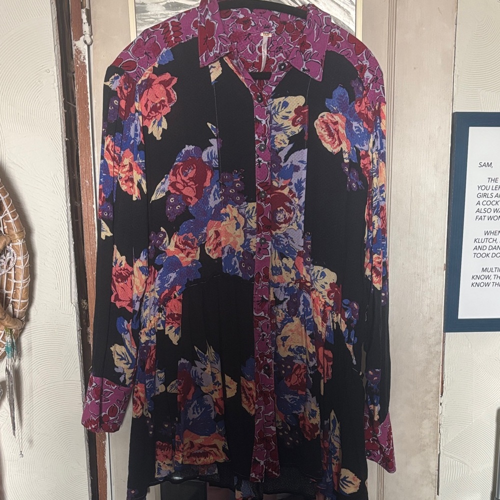 Free People Black and Purple Floral Button Down Shirt